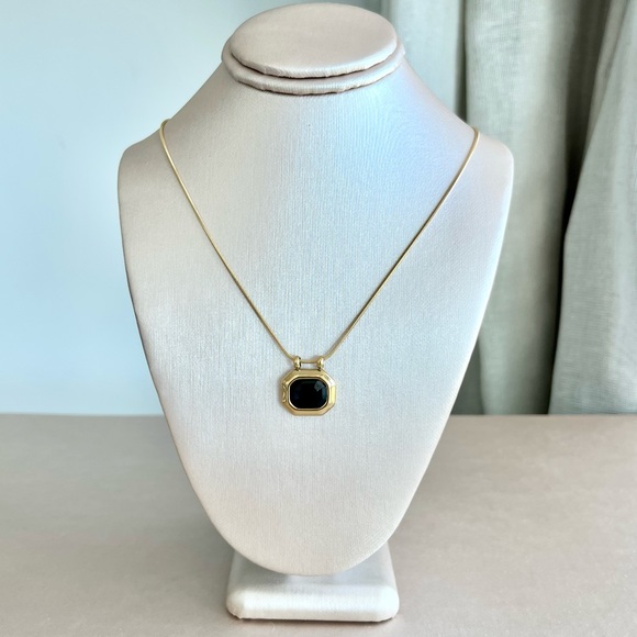 18K Gold Plated Stainless Steel Square Black Crystal Pendant Necklace - Picture 4 of 6